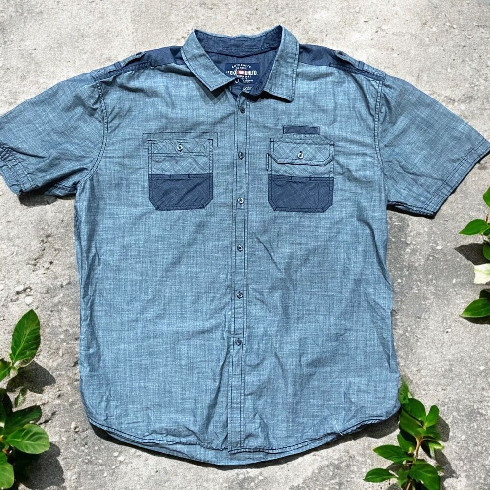 Ecko Unltd. Vintage Y2K Two Tone Denim Button Front Pocket Shirt Men's Size 3XL